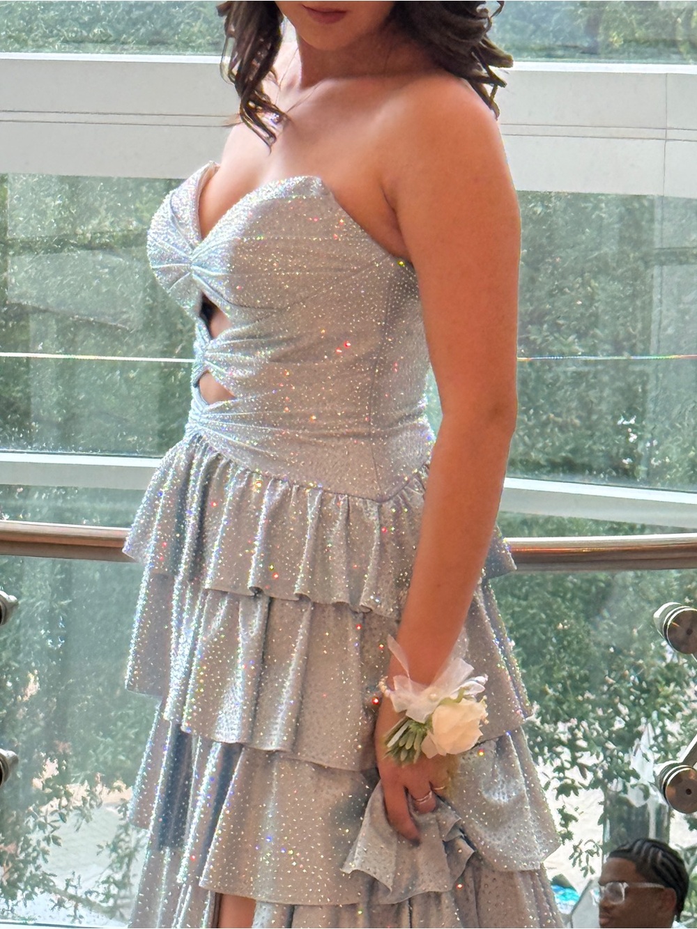 Sherri Hill Sparkling Silver-Blue Strapless Ruffle Gown with Slit - Picture 4 of 5
